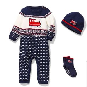 Janie and Jack navy Train Sweater Romper with Hat